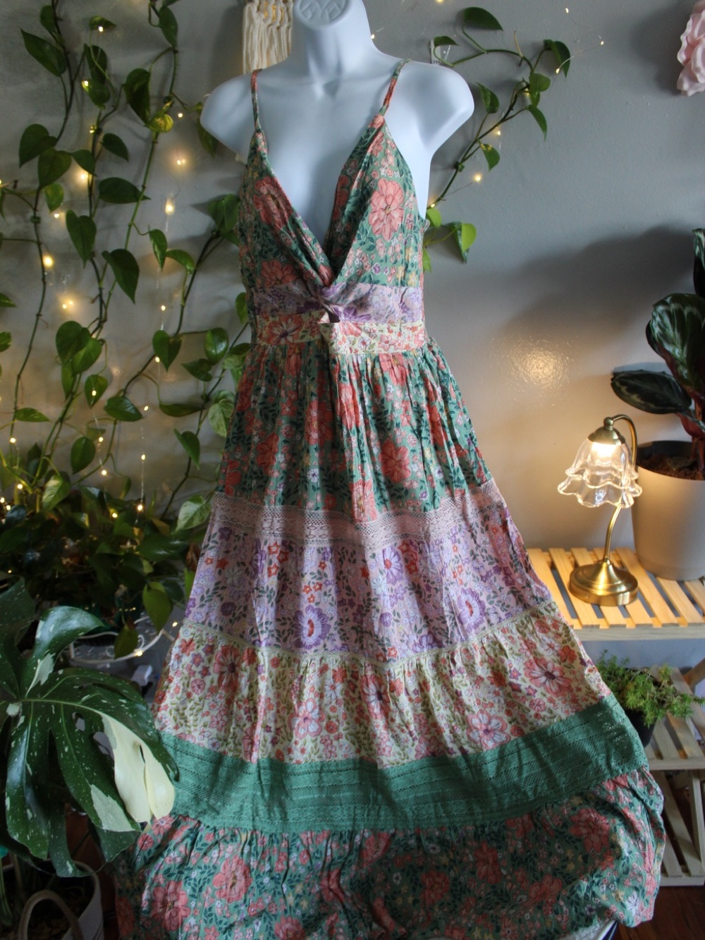 Angie Floral Tiered Maxi Dress in Green, Coral & Lavender - Picture 3 of 9